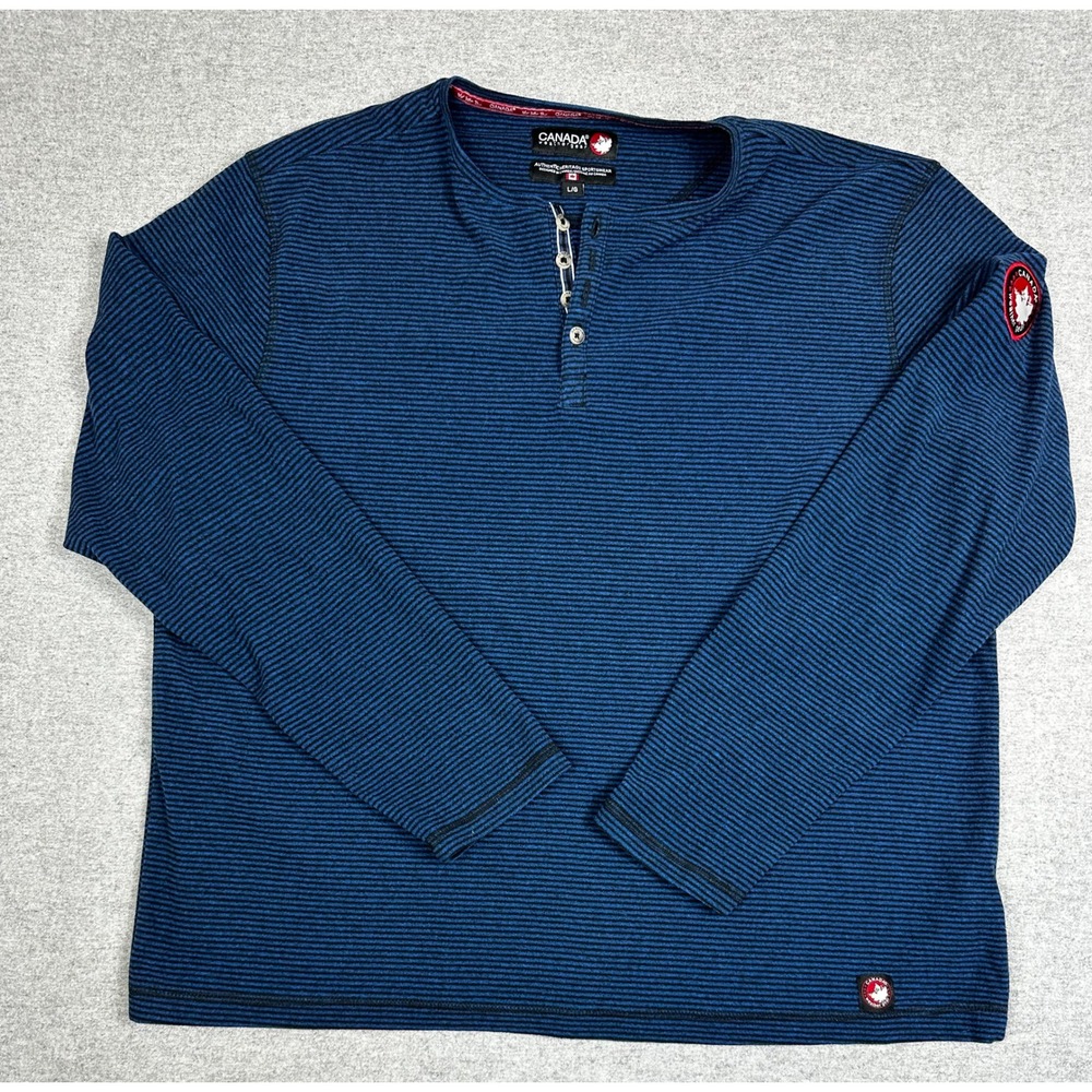 Canada Weather Gear Henley Shirt Mens L Blue Black Striped Long‎ Sleeve